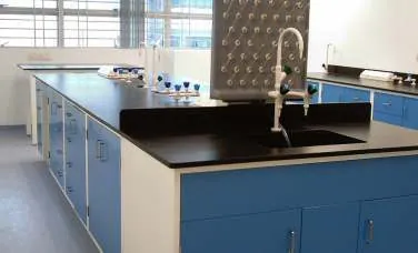 Island laboratory bench with black work surface, sink and peg board