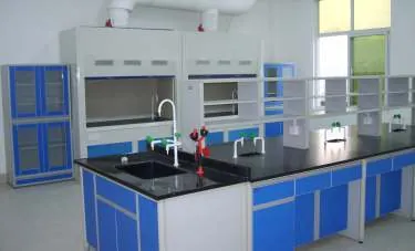 Laboratory with island benches, blue base cabinets and fume hoods along the wall