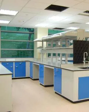 Laboratory with wall benches, island benches and blue cabinets