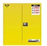 Yellow flammable storage cabinet with warning labels