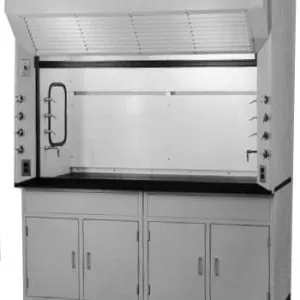 Laboratory fume hood with sash window and base cabinets